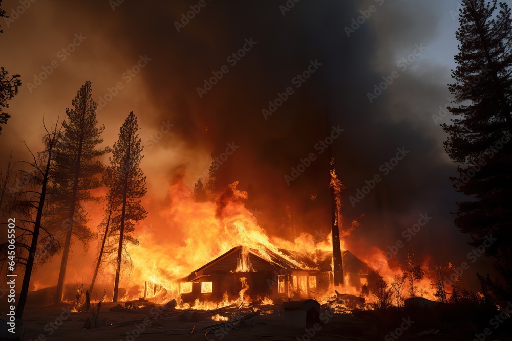 Forest Fire Reaches Houses at Night - Natural Disaster