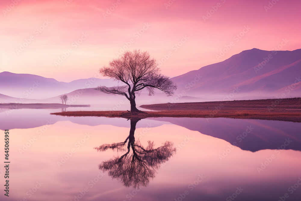 lonely lone tree is reflected in the water near a mountain, generative ai