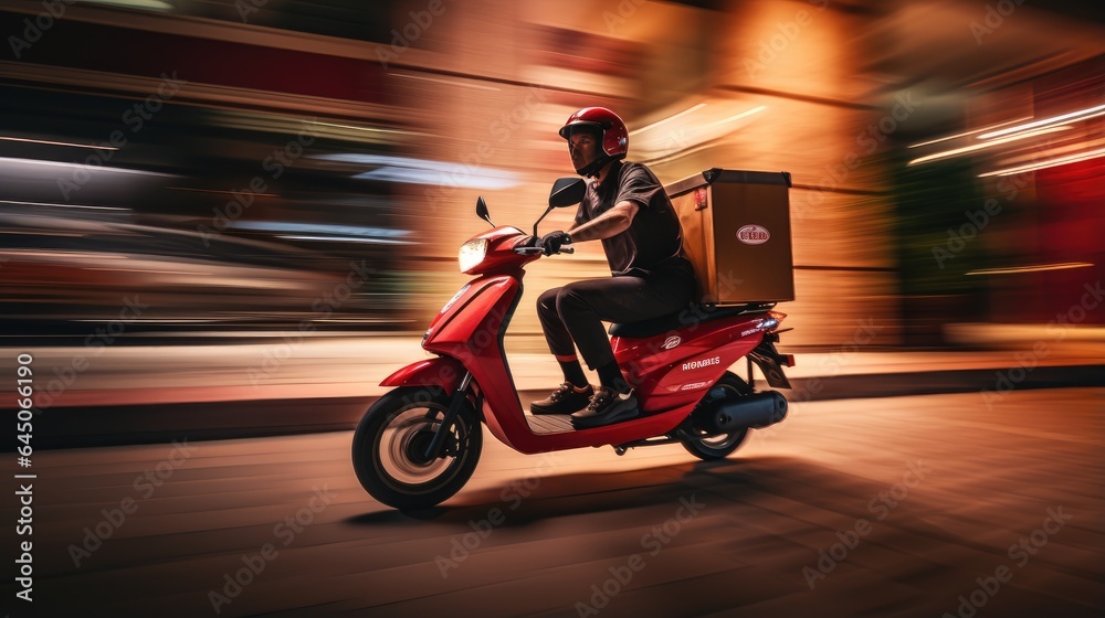 couriers on a scooter in the fast-paced food delivery industry. courier with backpack navigating urban