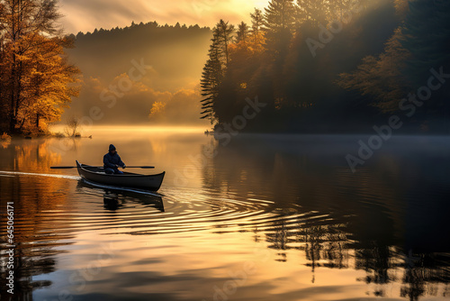 person is rowing a small boat on a tranquil autumn lake  surrounded by serene waters  generative ai