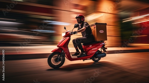 couriers on a scooter in the fast-paced food delivery industry. courier with backpack navigating urban © pvl0707