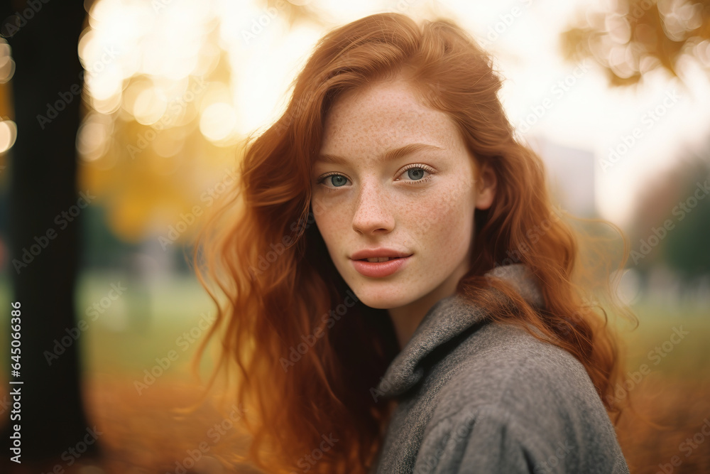 portrait of beautiful young ginger woman in autumn park, generative ai portrait of beautiful young ginger woman in autumn park, generative ai