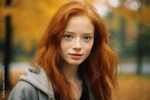 portrait of beautiful young ginger woman in autumn park, generative ai