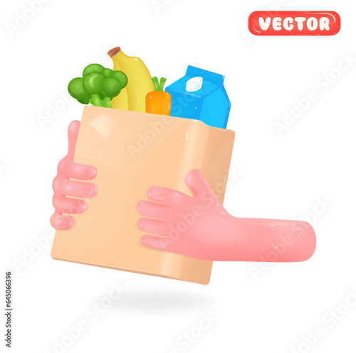 3D Paper shopping bag with fresh food in hands. Render of grocery store, supermarket. Food and beverages. Milk, vegetables, fruits. Vector illustration