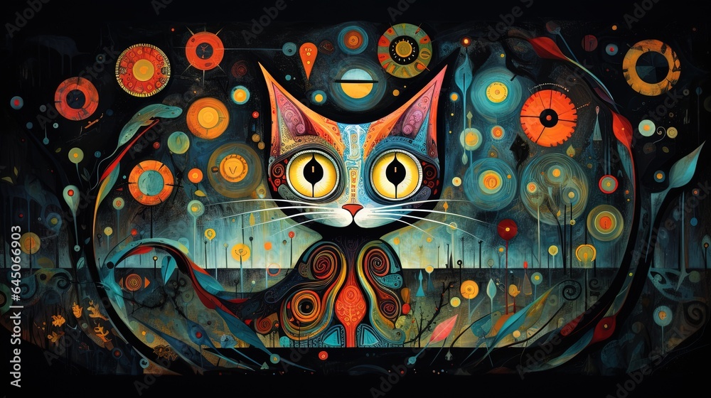  a painting of a cat with yellow eyes and a black background.  generative ai