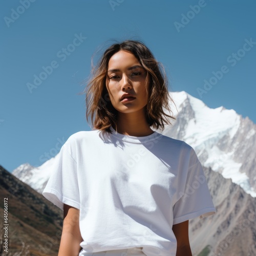 A beautiful girl in a white T-shirt against the background of a beautiful landscape. Generative AI