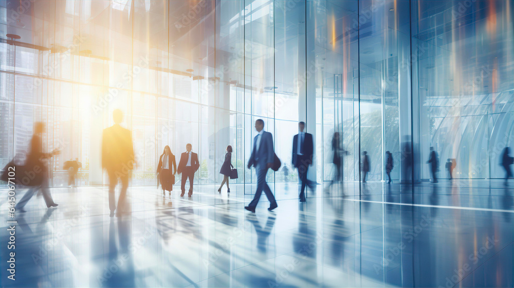 Business people walking in big glass lobby with beautiful morning sun lights reflection. Office skyscraper entrance hall