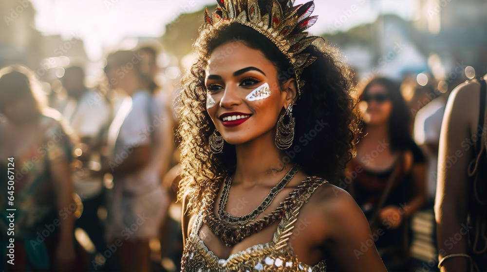 Young beautiful woman portrait in costume with feathers outfit at street Carnival. Brazilian culture, street performance, holidays and travel concept Young beautiful woman portrait in costume with feathers outfit at street Carnival. Brazilian culture, street performance, holidays and travel concept