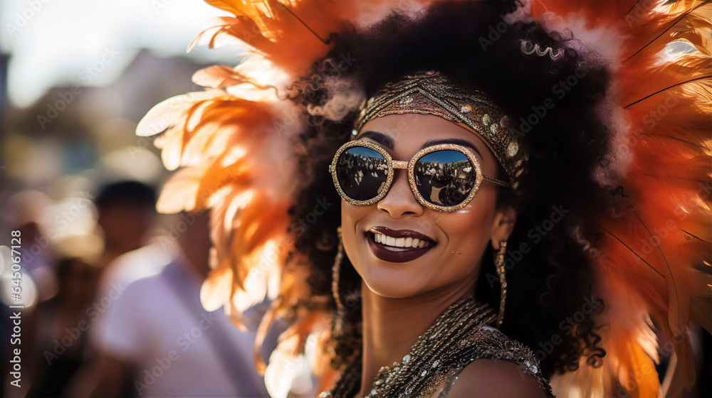 Φωτογραφία Young beautiful woman portrait in costume with feathers outfit at street Carnival