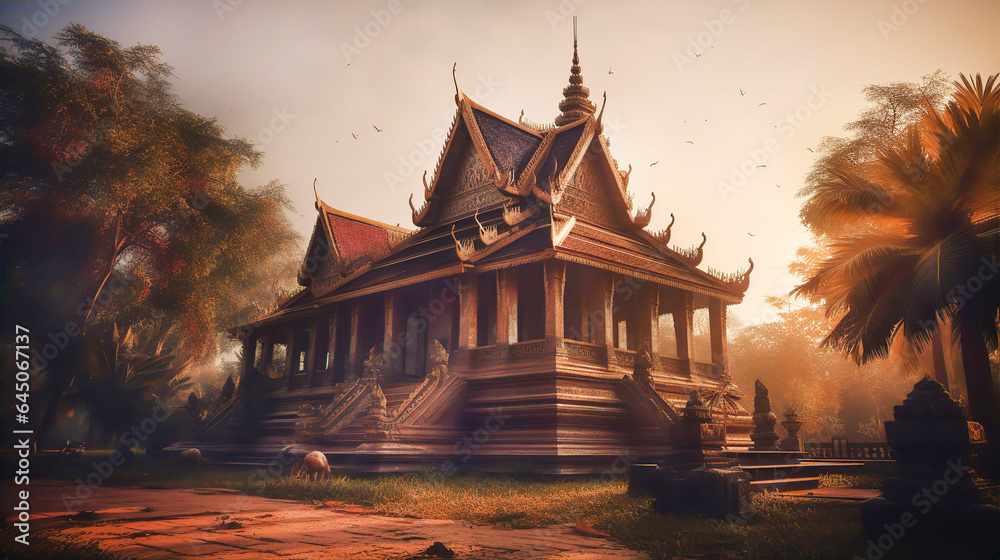 Fototapeta premium Beautiful old Asian temple at sunset.