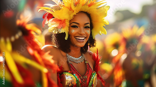 Young beautiful woman portrait in costume with feathers outfit at street Carnival. Brazilian culture, street performance, holidays and travel concept 