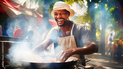 Happy attractive African man cooking food on street market and smile to camera. Travel, food, holidays concept 