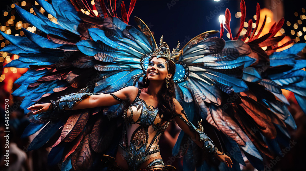 Fototapeta premium Brazilian carnival. Beautiful Dancers in outfit with feathers and wings enjoying the parade, smile to crowd 