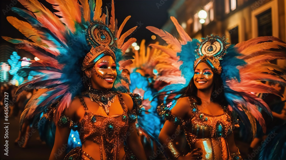 Brazilian carnival.  Beautiful Dancers in outfit with feathers and wings enjoying the parade, smile to crowd 