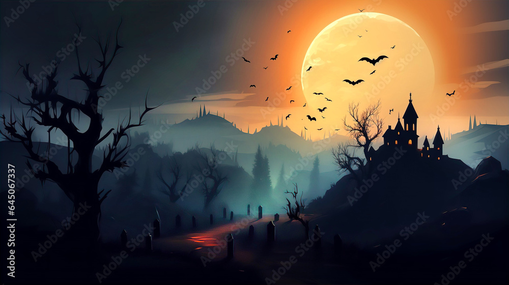 Halloween illustration with charmed wood, big moon and Witch castle