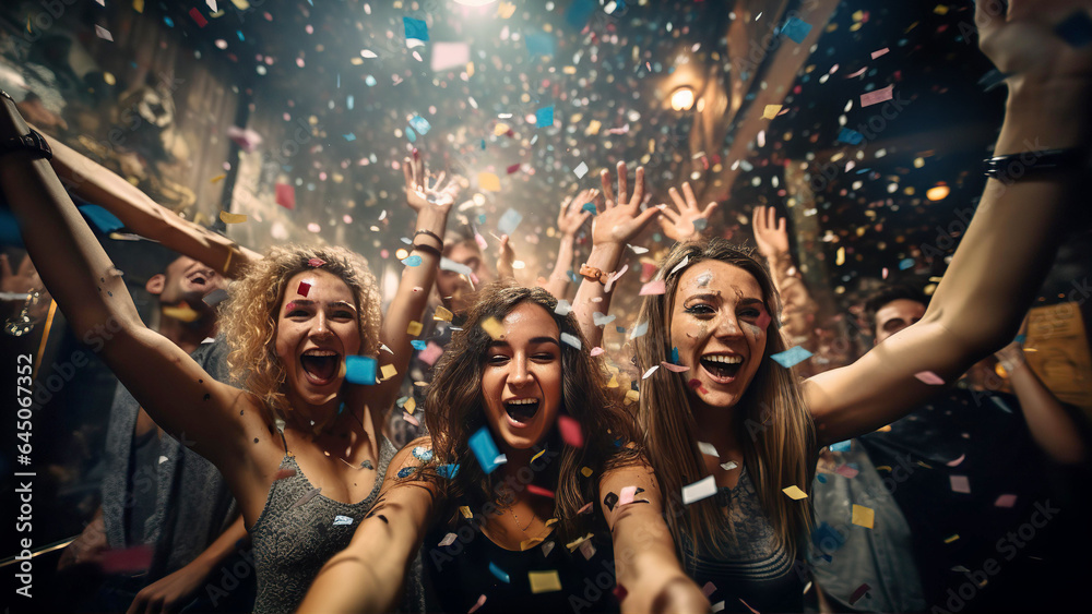 Happy young people through up confetti at night club party. Friendship, happiness, celebration, togetherness idea - obrazy, fototapety, plakaty 