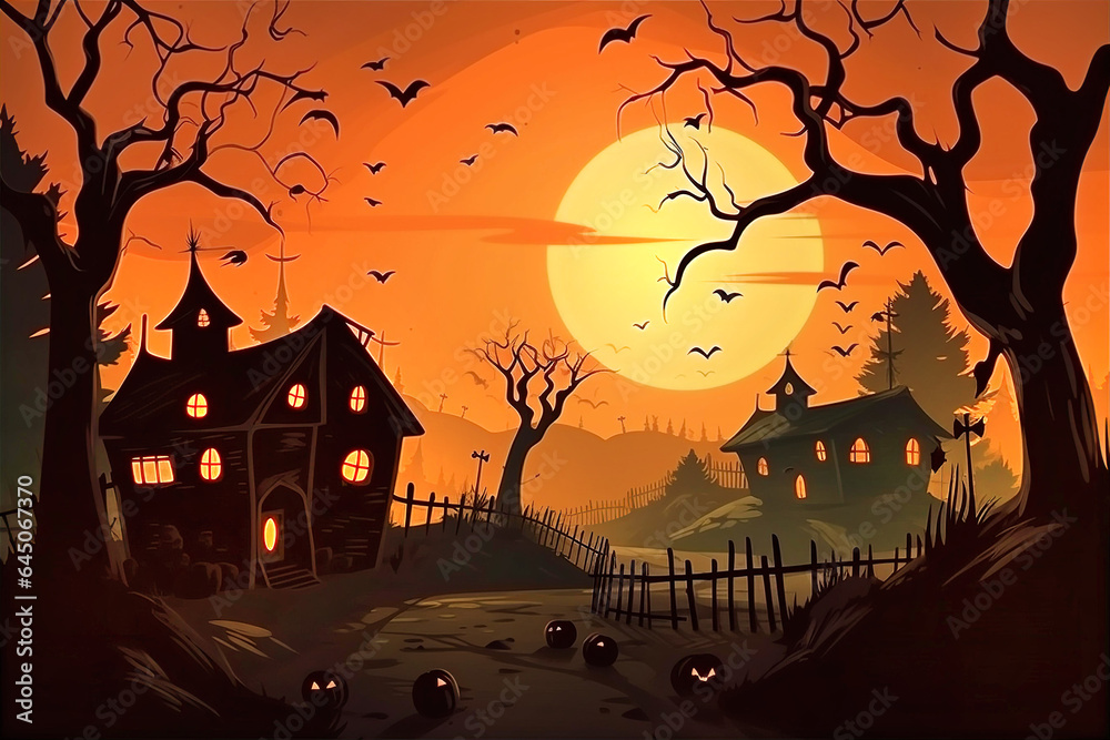 Halloween illustration with charmed wood, big moon and Witch castle Halloween illustration with charmed wood, big moon and Witch castle