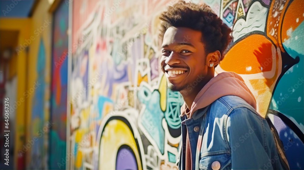 Obraz premium Young black man street artist portrait. Handsome man leans against of wall with Graffiti and smile. 