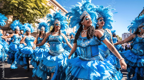 Brazilian carnival. Beautiful Dancers in outfit with feathers and wings enjoying the parade, smile to crowd 