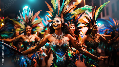 Brazilian carnival. Beautiful Dancers in outfit with feathers and wings enjoying the parade, smile to crowd 