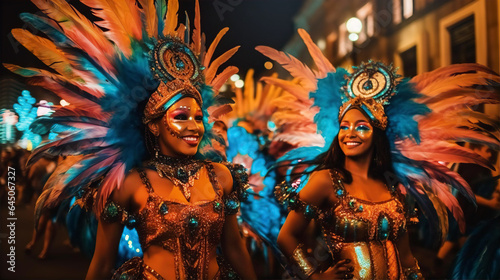 Brazilian carnival.  Beautiful Dancers in outfit with feathers and wings enjoying the parade  smile to crowd 
