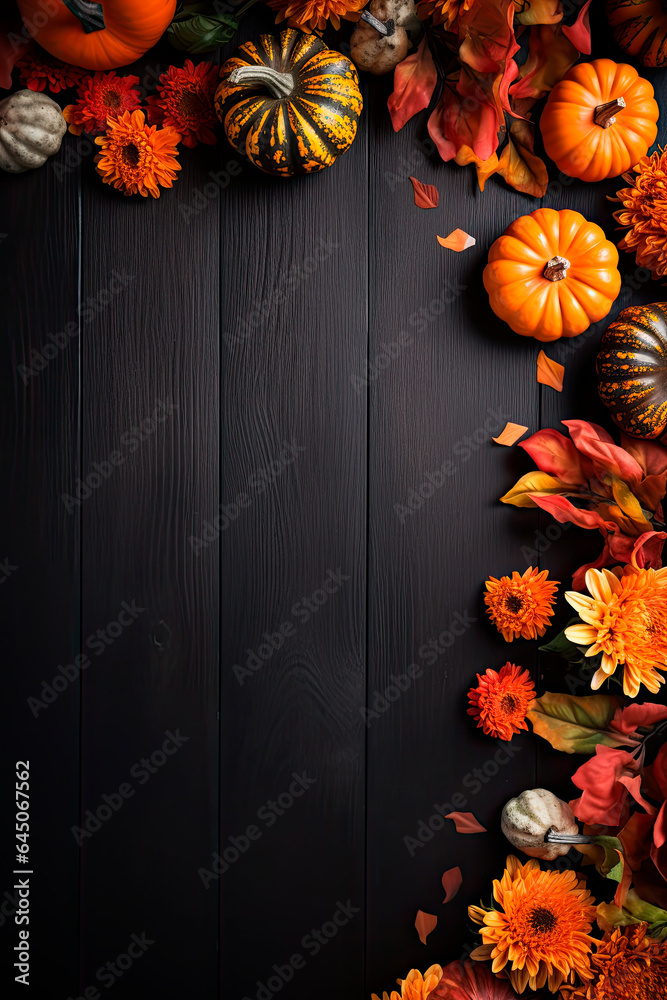 Selection of various pumpkins on dark wooden background with copy space. Autumn vegetables and seasonal decorations - obrazy, fototapety, plakaty 
