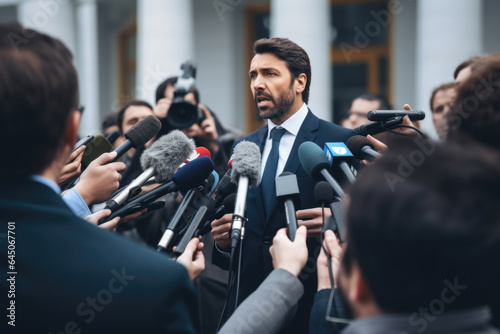  An politician gives interview to TV reporters photo