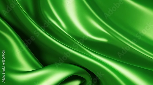 Elegant green silk satin with a luxurious abstract design, perfect for Christmas, birthdays, or romance. Smooth, shiny fabric with soft folds, gradient, lines, and wavy patterns.