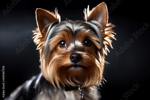 realistic close portrait of yorkshire terrier on black background in photo studio