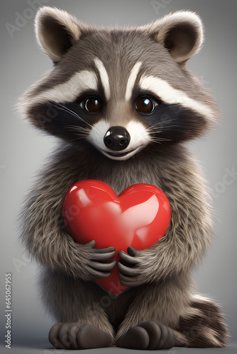 cute happy raccoon smiling and holding a heart © Ocharonata