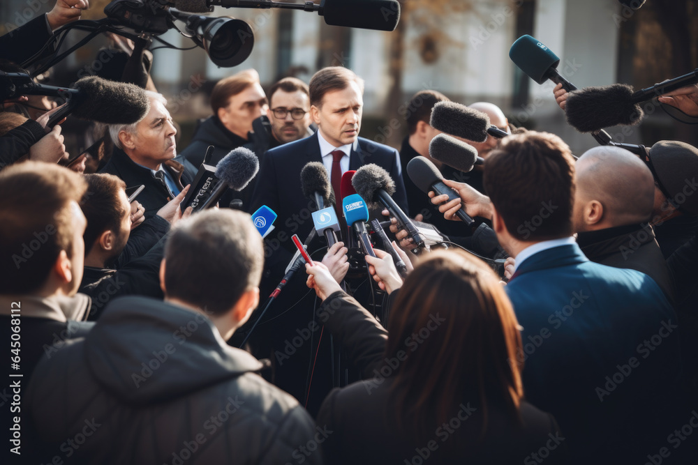  An politician gives interview to TV reporters - obrazy, fototapety, plakaty 