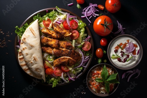 Delicious chicken shawarma with vegetable salad, fries, on a dark background, viewed from the top. Generative AI