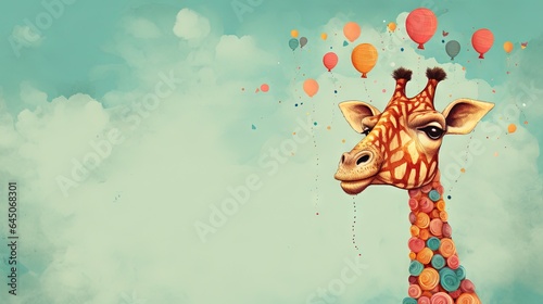  a painting of a giraffe with balloons in the sky.  generative ai