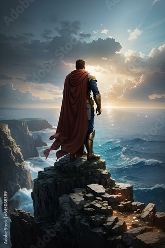 A heroic figure stands atop a cliff, looking out over a sea of unknowns, ready to take on the challenge of conquering their fears.