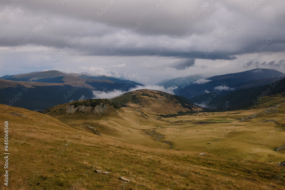 An amazing view of the cloudy  Parâng Mountains.Carpathian Mountains,Romania.