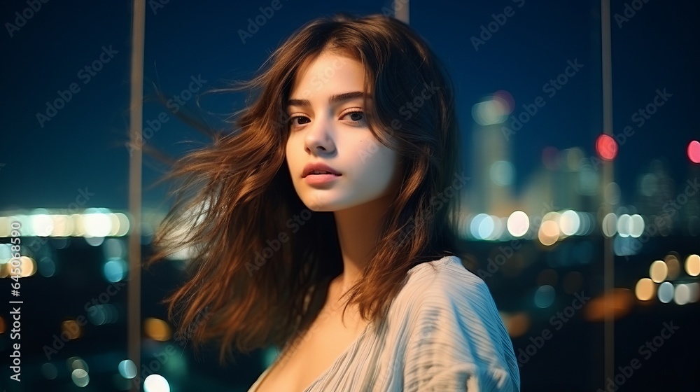 A beautiful girl stands against the background of the night cityscape. Generative AI