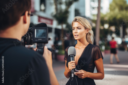 Young beautiful woman journalist interviews politician or celebrity outdoors