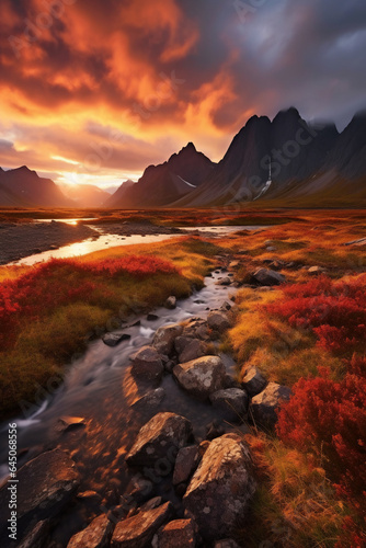 Majestic sunset in the mountains landscape. Colorful summer sunrise.