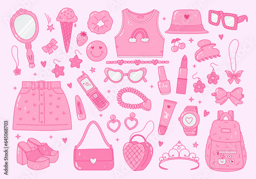 Pink glamour pack of y2k trendy clothes and accessories with hearts, stars, rhinestones, diamonds. Teen girl of 90s 2000s aesthetic. Cute nostalgia stickers. Vector illustration.