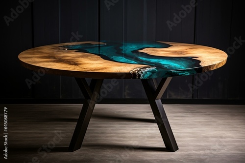 Handcrafted oak epoxy table. Generative AI
