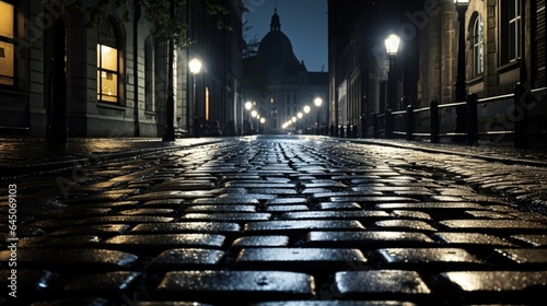 Rain-soaked black and white cobblestones reflecting the glow of lampposts
