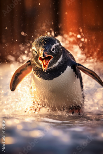 Penguin on the water in winter. 