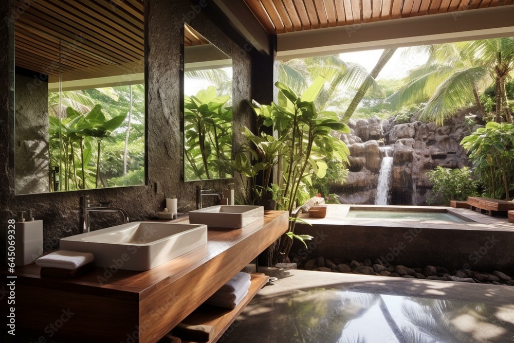 Contemporary tropical bathroom with natural view and sunlight, featuring marble floors and a wooden sink counter. Generative AI
