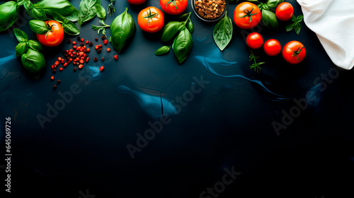 Top view of a flat lay robust congrete table top with basil and tomato