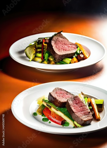 Food photography, grilled beef and vegetables