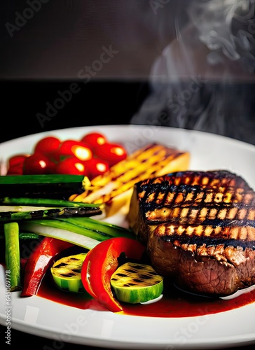 Food photography, grilled beef and vegetables