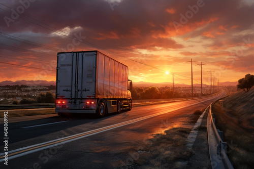 Truck driving down the road at sunset.