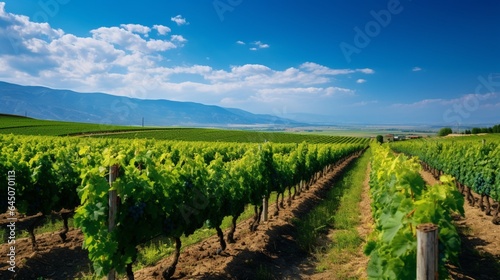 Rolling vineyards stretching out beneath a clear blue sky, promising a bountiful harvest 