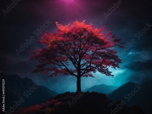 silhouette of a tree, neon color leaves on a top of a mountain dark background