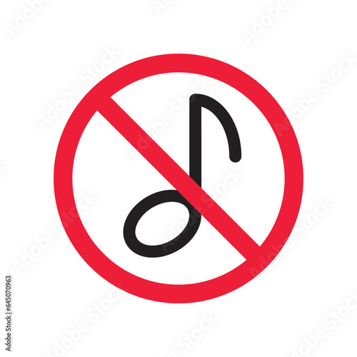 No music icon. Forbidden noise icon. No sound vector sign. Prohibited loud vector icon. Warning, caution, attention, restriction, danger flat sign design. Silence vector icon pictogram